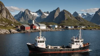 En fiskebåt i Lofoten, med en fabrikk eller prosesseringsanlegg i bakgrunnen.