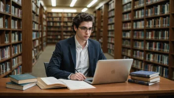 En person studerer forretningsfag på biblioteket