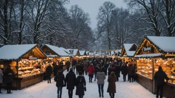 Et julmarked i en snødekt omgivelse med mennesker som brows gjennom boder som selger festlige varer.