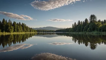 Et fredelig landskap med en rolig innsjø som reflekterer himmelen, og illustrerer begrepet asle.