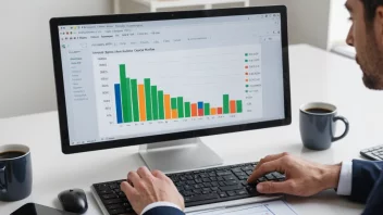 En person som analyserer salgsdata på en dataskjerm med en graf som viser en økning i salget