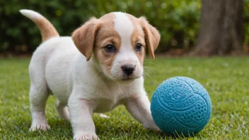 En leken valp som løper med en ball i munnen