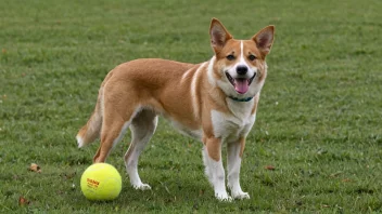 En hentehund som står i en åker med en ball i munnen.