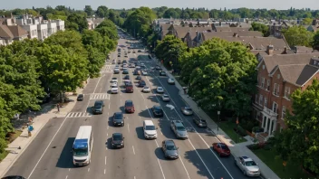 En forstadsgate med mye trafikk, inkludert biler, busser og sykler, omgitt av boligbygg og trær.