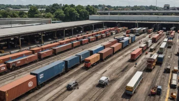 En lastestasjon med lastebiler og tog