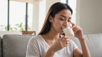 En person som sitter ved et skrivebord med et glass melk og et smil på ansiktet.