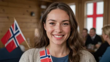 En kvinne med et vennlig smil og et norsk flagg i bakgrunnen