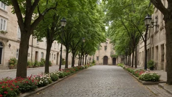 En malerisk brostensgate med historiske bygninger og sjarmerende gatelys.