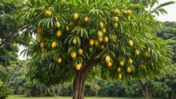 Et høyt mangotree med grønne blader og gule mangoer