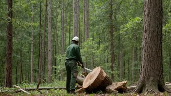 En person som beskytter et tre fra å bli hugget ned, med en grønn skog i bakgrunnen.