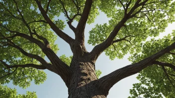 En treetopp med frodige grønne blader og sterke grener, mot en klar blå himmel.