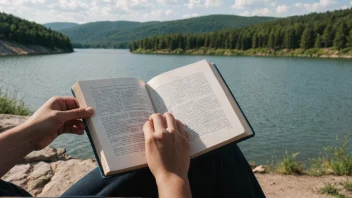 En person som studerer en bok om vannressursene, med en bakgrunn av en innsjø eller en elv.