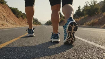 Et par joggesko på en vei med mennesker som jogger i bakgrunnen