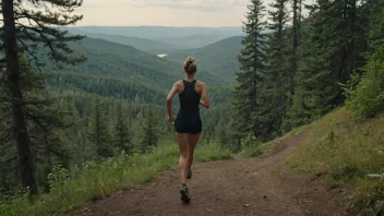 En person løper på en sti i en skog, med en naturskjønn utsikt i bakgrunnen.