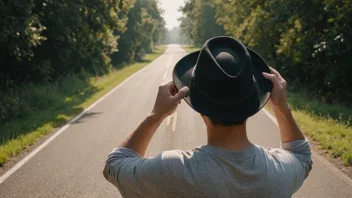 En person som tar av seg hatten, med en vei eller sti i bakgrunnen.