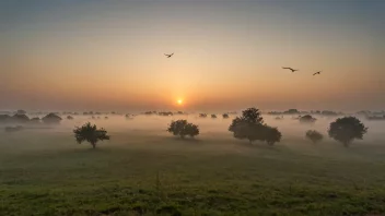 En fredelig morgen scene med en tåkete atmosfære og fugler som flyr i luften