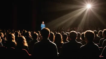 En gruppe mennesker i et teater, som ser på et skuespill, med en spotlight som lyser på scenen.