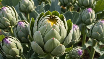 En artisjokkplante med grønne blader og lilla blomster, med noen spiselige blomsterknopper i midten.