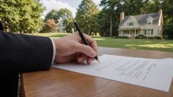 En person som signerer et dokument, med et hus i bakgrunnen.