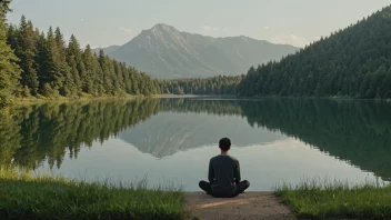 Et fredelig landskap med en person som sitter i stilhet, omgitt av natur, med en rolig innsjø i bakgrunnen.