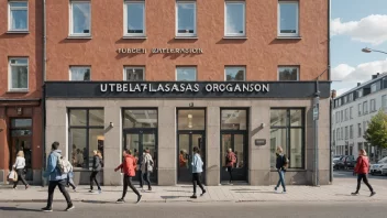 En bygning som representerer en utbetalingsorganisasjon, med mennesker som går inn og ut, og en bybakgrunn.