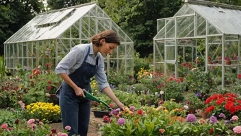 En person som passer en hage med ulike planter og blomster, med et drivhus i bakgrunnen.