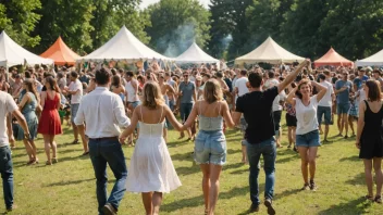 En sommerfest på landet med mennesker som danser og har det gøy