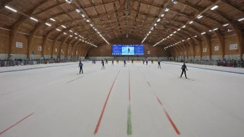 En stor innendørs langrennshall med snødekte løyper og langrennsløpere i bevegelse.