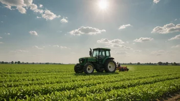 Et grønt jorde med en traktor og en bonde, med en solfylt himmel i bakgrunnen.