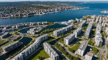 En moderne bydel med leiligheter og rekreasjonsområder ved sjøen.