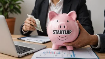 En person som holder en sparegris med et startup-logo, omgitt av finansielle dokumenter og en laptop.