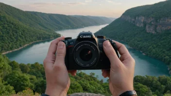 En person som holder et fotoapparat, tar et bilde av et vakkert landskap