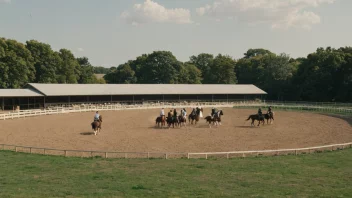 En ridebane med mennesker som rider hester i en trygg og kontrollert omgivelse