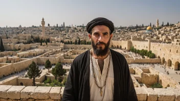 En illustrasjon av en gammel hebraer, som viser deres tradisjonelle klær og den gamle byen Jerusalem i bakgrunnen.