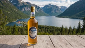 En flaske norsk svartebrennevin på et trebord med en naturskjønn fjellutsikt i bakgrunnen.