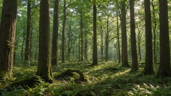 En skog med ulike treslag, undervegetasjon og dyreliv.