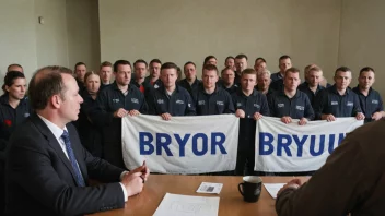 En gruppe arbeidere på et fagforeningsmøte, med et banner som leser 'Bryteforbund' på norsk.