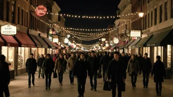 En hovedgate i en by med mennesker som går og handler.