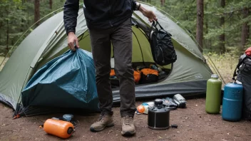 En person som holder en campingutrustning, med et telt og annet utstyr i bakgrunnen.