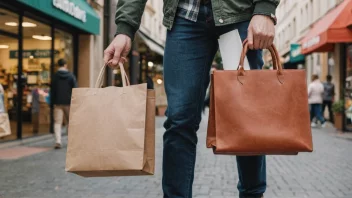 En person holder en handlepose og en lommebok, med en butikk i bakgrunnen