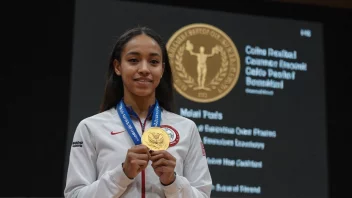 En person som holder et gullmedalje og står foran en stor skjerm som viser en liste over medaljevinnere