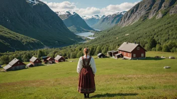 En tradisjonell norsk gård med en kvinne i tradisjonelle klær.