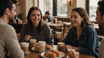 En varm og invitende atmosfære med komfortable sitteplasser og en travel kaffebar.