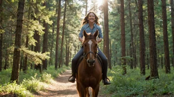 En person som rider en hest i en skog, omgitt av trær og en solfylt himmel.