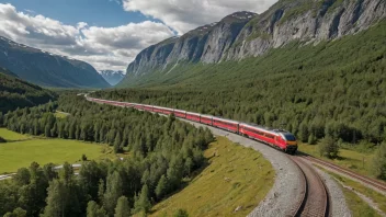 Et tog med flere vogner som kjører gjennom en dal omgitt av fjell og fosser