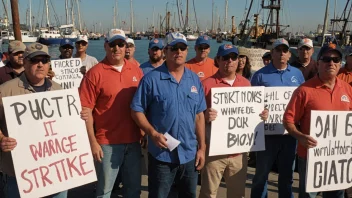 En gruppe havnarbeidere i streik foran en havn, med skip og kraner i bakgrunnen.