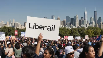 Et bilde som representerer begrepet liberalisme, med en person som holder et skilt med ordet 'liberal' på, omgitt av en mangfoldig gruppe mennesker eller et bylandskap.