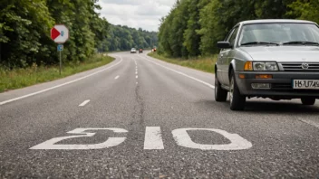 En fartsbegrensningsskilt som indikerer en maksimal hastighet på 80 km/t på en vei med en bil som kjører i bakgrunnen.