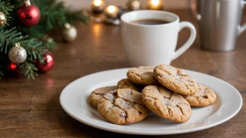 En tradisjonell norsk julekake, julesukk, på en tallerken med en kopp kaffe og et juletre i bakgrunnen.