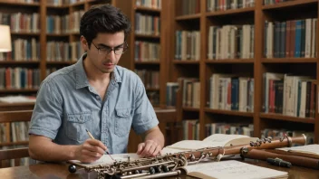 En person studerer musikkteori og historie i et bibliotek.